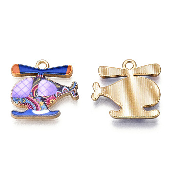 Printed Alloy Pendants, Cadmium Free & Nickel Free & Lead Free, Light Gold, Helicopter Charm, Mauve, 17.5x18.5x2mm, Hole: 1.8mm
