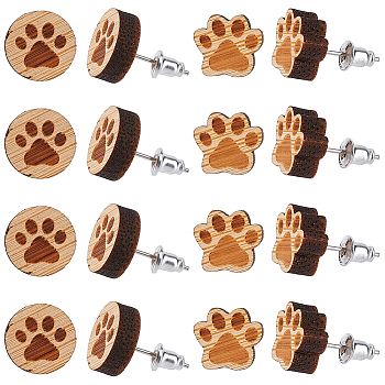 6 Pairs 2 Style Paw Print Wood Stud Earrings with Steel Iron Pins, Coconut Brown, 10~12x11~12mm, 3 Pairs/style