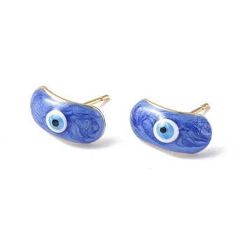 Enamel Curved Oval with Evil Eye Stud Earrings, Real 18K Gold Plated Brass Jewelry for Women, Royal Blue, 7.5x15.5mm, Pin: 0.8mm