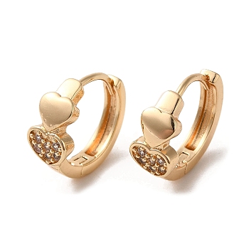 Brass Micro Pave Cubic Zirconia Hoop Earrings, Heart, Light Gold, 15x7mm
