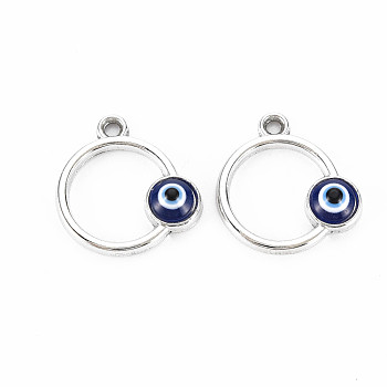 Alloy Enamel Pendants, Platinum, Cadmium Free & Lead Free, Ring with Eye, Dark Blue, 18x17x4mm, Hole: 1.8mm