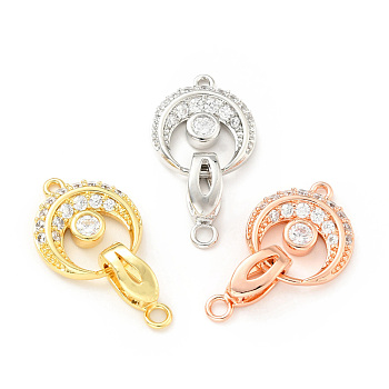 Flat Round Brass Clear Cubic Zirconia Fold Over Clasps, Cadmium Free & Lead Free, Mixed Color, Flat Round: 16.5x14.5x3mm long, Hole: 1.4mm, Clasp: 13x4.5x5mm, Hole: 2.2mm