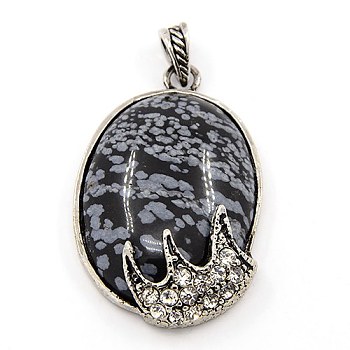 Fashionable Retro Antique Silver Necklace Findings Alloy Gemstone Oval Pendants, with Rhinestones, Snowflake Obsidian, 51x33x11mm, Hole: 5mm