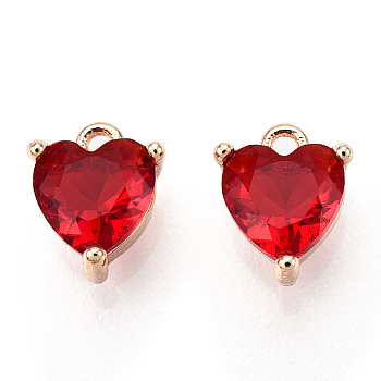 Valentine's Day Brass Charms, with Cubic Zirconia, Nickel Free, Heart, Real 18K Gold Plated, Crimson, 7x5x3mm, Hole: 0.9mm