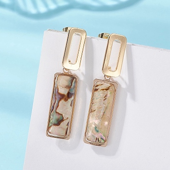 Shell Dangle Stud Earrings, with Brass Earring Findings, Rectangle, Golden, 41.5x9mm