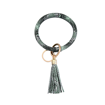 Snakeskin Pattern PU Imitaition Leather Bangle Keychains, Wristlet Keychain with Tassel & Alloy Ring, Dark Sea Green, 200x100mm