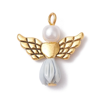 Resin Imitation Pearl Pendants, Rose Angel Charms with Antique Golden Plated Alloy Heart Wings, Gainsboro, 23.5~24x22x6.5mm, Hole: 1.8~2.2mm