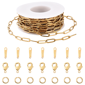 DIY Chain Necklaces/Bracelet Kits, incluing 304 Stainless Steel Paperclip Chains & Chain Tabs & Open Jump Rings, Brass Lobster Claw Clasps, Golden, Link: 11~12x4x0.5~0.87mm, about 16.4 Feet(5m)/roll, 1 roll