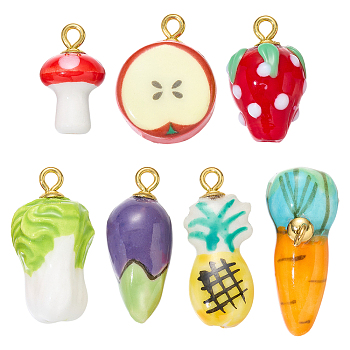 7Pcs 7 Styles Handmade Porcelain Pendants, with 201 Stainless Steel Findings, Vegetables & Fruit Charms, Mixed Color, 14.4~26.3mm, Hole: 2mm, 1pc/style