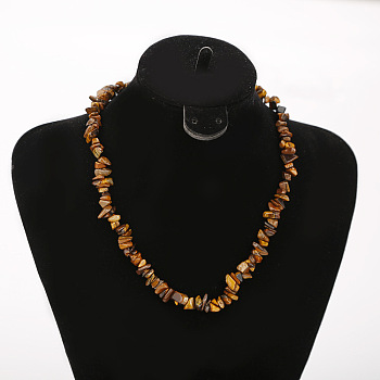 Natural Tiger Eye Chip Beaded Necklaces for Women, with Alloy End Chains, Platinum, 17.72 inch(45cm)