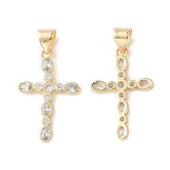 Brass Micro Pave Clear Cubic Zirconia Pendants, Religion Cross Charm, Real 18K Gold Plated, 22.5x14.5x1.5mm, Hole: 4.5x3.5mm