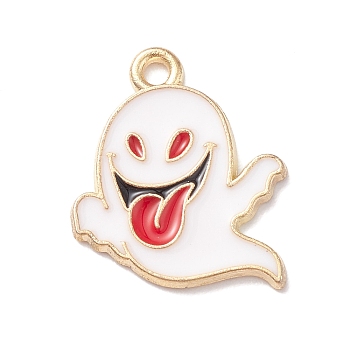 Halloween Alloy Enamel Pendants, Light Gold, Ghost Charm, White, 17x16x1.5mm, Hole: 1.6mm