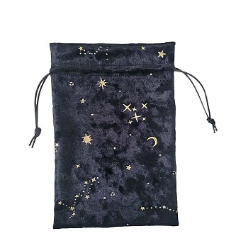 Hot Stamping Moon Star Velvet Storage Bags, Drawstring Pouches Packaging Bag, Rectangle, Black, 180x130mm
