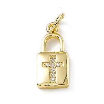 Brass Micro Pave Cubic Zirconia Pendants, with Jump Ring, Lock with Religion Cross Charm, Real 18K Gold Plated, 16.5x7x2mm, Hole: 3mm