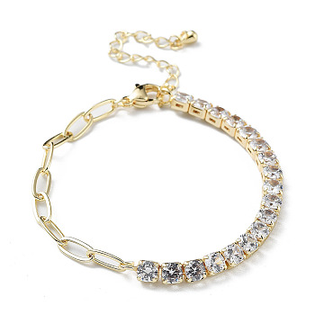 Brass Micro Pave Cubic Zirconia Strass & Paperclip Chain Bracelets, with 304 Stainless Steel Clasp, Clear, 6-1/4x1/8 inch(15.9x0.4cm)