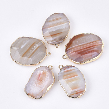 Electroplate Natural Banded Agate Pendants, with Iron Findings, Faceted, Dyed, Oval, Golden, 38~45x24~32x9~11mm, Hole: 2mm
