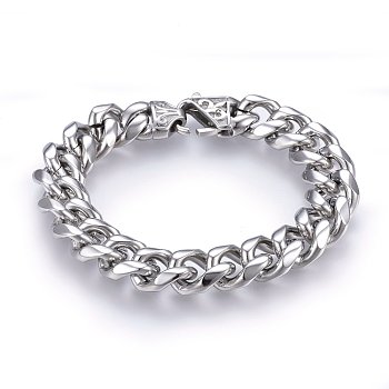 304 Stainless Steel Curb Chains Bracelets, with Lobster Claw Clasps, Stainless Steel Color, 8-5/8 inch(22cm), 15x6mm