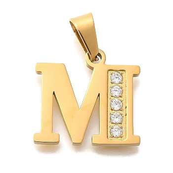 Ion Plating(IP) 304 Stainless Steel Rhinestone Pendants, Letter M, 17~19x10.5~18x2mm, Hole: 6.5x3.5mm