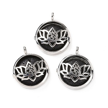 Natural Lava Rock Locket Pendants, Flat Round Charms, with Platinum Plated Brass Lotus Findings, 31.5x27x9mm, Hole: 4.6mm