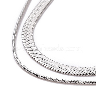 316 Stainless Steel Round Snake and Herringbone Chains Double Layer Necklace for Women Men(NJEW-C025-01P)-2