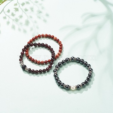 3Pcs 3 Style Natural & Synthetic Mixed Stone Round Beaded Stretch Bracelets Set(BJEW-JB08586)-5