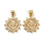 Brass Micro Pave Cubic Zirconia Pendants, Real 18K Gold Plated, Lead Free & Cadmium Free, Sun with Heart, Clear, 20x17.5x3mm, Hole: 4.5x3.5mm(KK-K258-09G-RS)