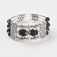 Three Loops Tibetan Style Alloy Wrap Bracelets, with Natural Lava Rock Beads, 2 inch(50mm)(BJEW-JB03324-01)