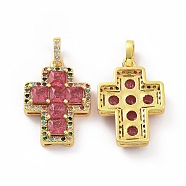 Brass Micro Pave Clear Cubic Zirconia Pendants, Cross, Religion, Cerise, 24x17x5mm, Hole: 3.5x5~5.5mm(ZIRC-F135-24G-01A)