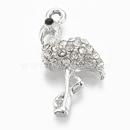 Alloy Pendants, with Rhinestone, Flamingo, Silver, Crystal, 25x14x4mm, Hole: 1.5mm(RB-S048-44)