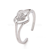 Clear Cubic Zirconia Heart Open Cuff Ring, Brass Jewelry for Women, Platinum, Inner Diameter: 18mm(RJEW-G283-10P)