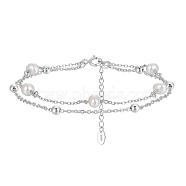 925 Sterling Silver Double Layer Multi-strand Bracelets, Shell Pearl Beaded Bracelets for Women, Real Platinum Plated, 6-5/8 inch(16.7cm)(BJEW-G724-02P)