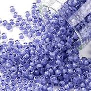TOHO Round Seed Beads, Japanese Seed Beads, (977) Inside Color Crystal/Neon Purple Lined, 8/0, 3mm, Hole: 1mm, about 1110pcs/50g(SEED-XTR08-0977)