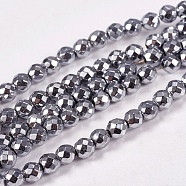 Electroplate Non-magnetic Synthetic Hematite Beads Strands, Faceted, Round, Grade AAAA, Platinum Plated, 4mm, Hole: 1mm, about 100pcs/strand, 16 inch(G-J169B-4mm-02)