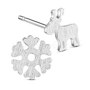SHEGRACE 925 Sterling Silver Stud Earrings, Asymmetrical Earrings, with Snowflake and Reindeer, Christmas, Silver, 5.5mm(JE476A)