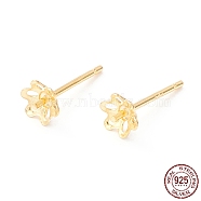 925 Sterling Silver Stud Earring Findings, for Half Drilled Beads, Flower, Real 18K Gold Plated, 4.5x4.5mm, Pin: 0.7mm(STER-P047-08G)