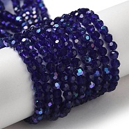 Electroplate Transparent Glass Beads Strands, Faceted, Round, Rainbow Plated, Dark Blue, 4mm, Hole: 0.7mm, about 88~95pcs/strand, 12.99~14.06 inch(33~35.7cm)(EGLA-A035-T4mm-L06)