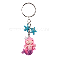 Mermaid Opaque Resin Pendant Keychain, with Starfish Synthetic Turquoise and Iron Split Key Rings, Hot Pink, 8.9cm, pendant: 33x21x8mm(KEYC-JKC00624-03)