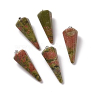 Natural Unakite Pendants, with Platinum Plated Brass Findings, Faceted, Cone, 35~36x13~14x12~12.5mm, Hole: 2.7x6.5mm(G-G848-01P-03)