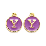 Golden Plated Alloy Enamel Charms, Enamelled Sequins, Flat Round with Alphabet, Letter.Y, Purple, 14x12x2mm, Hole: 1.5mm(ENAM-Q437-12Y)