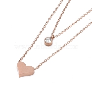 Ion Plating(IP) 304 Stainless Steel Cable Necklaces, Heart & Flat Round with Rhinestone Pendant Necklaces for Women, Rose Gold, 15.94 inch(40.5cm)(NJEW-G081-08RG)