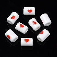 Handmade Porcelain Beads, Bright Glazed, Column with Heart, Red, 12.5x8.5mm, Hole: 2mm(PORC-N007-010)