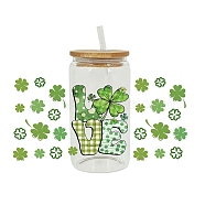 Saint Patrick's Day Theme PET Clear Film Clover Rub on Transfer Stickers for Glass Cups, Waterproof Cup Wrap Transfer Decals for Cup Crafts, Green, 110x230mm(PW-WG36251-05)