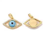 Rack Plating Brass Micro Pave Clear Cubic Zirconia Pendants, with Handmade Evil Eye Lampwork, Cadmium Free & Lead Free, Long-Lasting Real 18K Gold Plated, Eye Charm, Light Sky Blue, 15.5x23x4mm, Hole: 6x3mm(LAMP-A153-04G-06)
