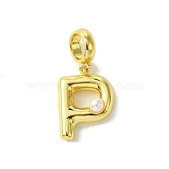 Rack Plating Brass with ABS Plastic Pearl European Dangle Charms, Large Hole Pendants, Long-Lasting Plated, Lead Free & Cadmium Free, Real 18K Gold Plated, Letter P, 23mm long, hole: 5mm, pendant: 15x11x5mm(KK-G501-02P-G)