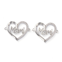 Brass Micro Pave Clear Cubic Zirconia Links, Long-Lasting Plated, for Mother's Day, Heart with Word Mami, Platinum, 19x23x3mm, Hole: 1.2mm(ZIRC-J039-12P)