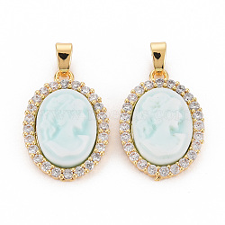 Brass Lilac Cubic Zirconia Pendants, with Cameo Resin, Nickel Free, Oval, Pale Turquoise, 20x14x4mm, Hole: 4x2.5mm(KK-N233-121B-NF)