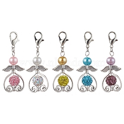5Pcs 5 Colors Angel Glass Pearl Pendant Decorations, with Polymer Clay Rhinestone Beads and Zinc Alloy Lobster Claw Clasps, Mixed Color, 56mm, 1pc/color(HJEW-JM01744)