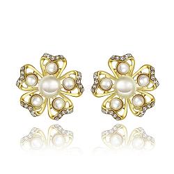 Pretty Flower Tin Alloy Rhinestone Imitation Pearl Stud Earrings, Golden, 18x19mm(BB08813-G)