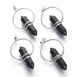 Natural Obsidian Big Double Terminated Pointed Pendants, with Brass Findings, Bullet, Platinum, 57.5~59x33.2~34x12~12.5mm, Hole: 7.5~8x5mm(G-G771-A02)
