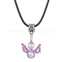 Glass Seed Beads & Glass Pearl Angel Pendant Necklaces, Imitation Leather Cord Necklaces for Women, Medium Orchid, 17.60 inch(44.7cm)(NJEW-MZ00056-03)